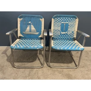 Vintage Macrame Lawn Chair Blue Cream Lightweight Outdoors Boat Set of 2 - Picture 1 of 19