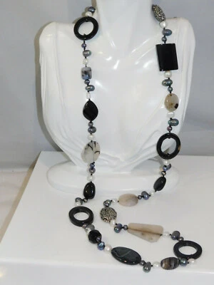 Onice Nera Quarzo Perle Argento Perlina Lungo Collana 2h 66 - Immagine 1 di 4