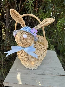 Vintage Bunny Rabbit Shaped Wicker Basket Blue Accent Floral Hat Spring Easter - Picture 1 of 8