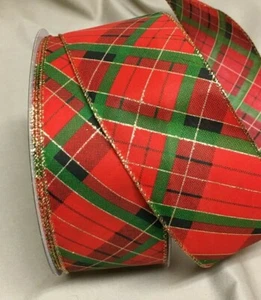 5 Yds. RED & GREEN HOLIDAY PLAID WIRE EDGE RIBBON 2 1/2" W - Picture 1 of 1