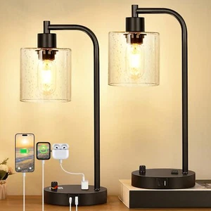 Industrial Table Lamps with USB Ports Fully Dimmable with Seeded Glass Shade - Picture 1 of 7