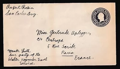 US #U436a WASHINGTON DIE 1 STAMPED ENVELOPE ENTIRE SAN CAROS ARIZONA TO PARIS - Image 1 of 2