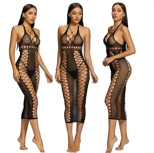 Sexy Mesh Lace Lingerie Women Sheer Rhinestone Hollow Out Fishnet Lingerie Dress - Picture 1 of 10