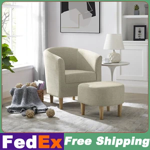Accent Living Room Arm Chair Linen Fabric Upholstered Single Sofa With Ottoman - Picture 1 of 11