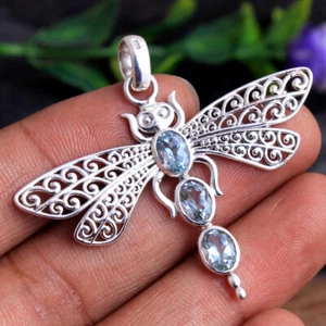 HANDMADE Sterling Silver Fine Jewelry Blue Topaz Gemstone Dragonfly Pendant - Picture 1 of 2