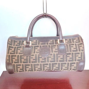 Auth FENDI Hand Bag Mini Boston Bag FF Zucca Canvas Leather Brown Used from JP - Picture 1 of 7