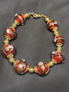 Vintage Artisan made Lampwork bead 7.75” Gold plated Bracelet w/ vintage beads - Picture 1 of 4