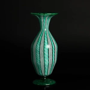 Fratelli Toso Murano Glas Vase ca. 1960-70 zanfirico grün weiß Kragenrand - Bild 1 von 4
