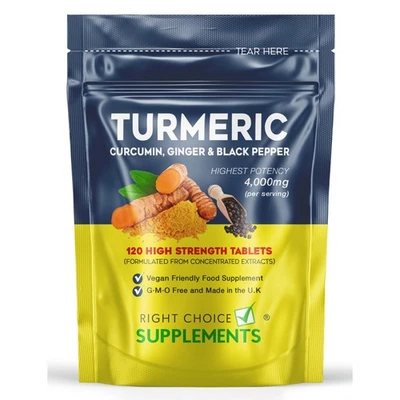 Turmeric Tablets 4000mg + Ginger + Black Pepper | 120 Tablets - UK Supplement - Image 1 of 4