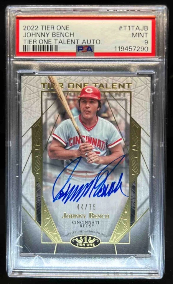 2022 Topps Tier One Johnny Bench Talent 签名 #44/75 Reds PSA 9 — 第 1/2 张图片