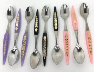 Juego de 9 cucharas vintage de cóctel de acero inoxidable de 4" rosa negro púrpura asas doradas MCM - Imagen 1 de 6