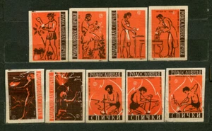 1959, GESCHICHTE DER HERKUNFT DER STREICHHÖLZER, 9ER SET VINTAGE RUSSISCHE STREICHHOLZSCHACHTEL ETIKETTEN - Bild 1 von 1