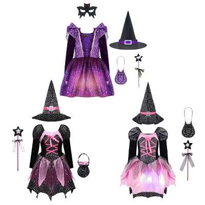 Witch Costume Outfit Kids Halloween 4Pcs Wizard Magician Cosplay Fancy Dress Up - Image 1 of 2