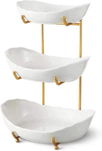 Fruit Bowl for Kitchen Counter - 3 Tier Ceramic Serving Bowls with Metal Stand, - Picture 1 of 12