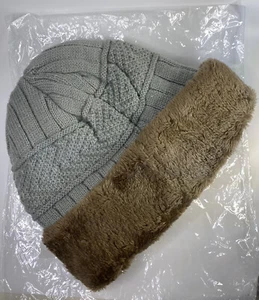 Grey And Brown Plush Knit Beanie Wish One Size  - Picture 1 of 3