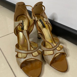 Dolce Gabbana Gold Glitter Brown Patent Strappy Sandals Heels - Bild 1 von 17