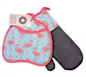 Flamingo Ofenhandschuh Tasche Topflappen Küche Baumwolle rosa blau schwarz Neopren - Bild 1 von 4