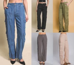 Women's Tencel Pants Wide Leg Cargo Full-length Soft Work Casual Trousers - Picture 1 of 27