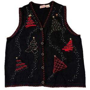 Basic Editions Damen Weihnachten schwarz Pullover Weste Größe 2X schwarz Perlen Bäume - Bild 1 von 17