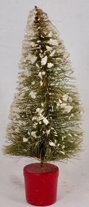 Bottle Brush Christmas Tree Red Wooden Bucket Base Snow Flocking 6.5in VTG #3 - Picture 1 of 4