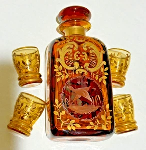 Vintage Czech Bohemian Etched Glass Decanter Cordial Set - Picture 1 of 10