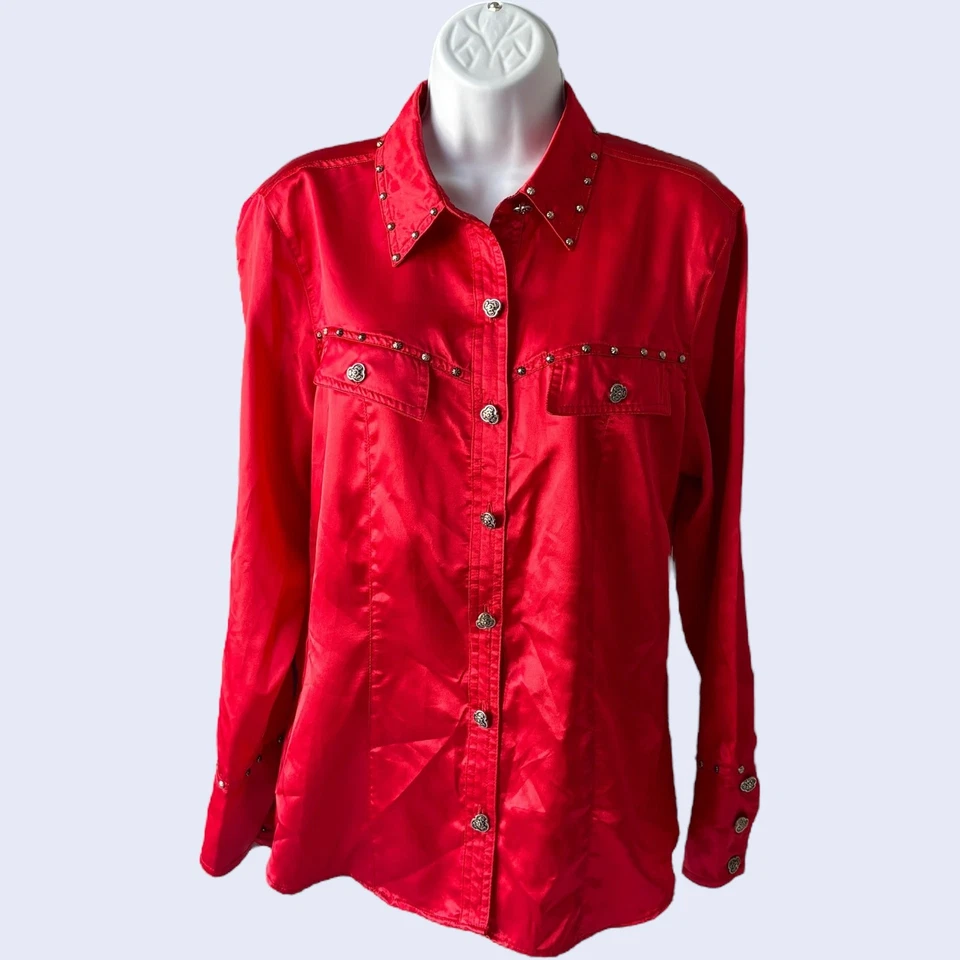 Camisa Stonebridge 8 Y2K Western cravejada cetim colarinho vermelho manga longa anos 90 - Imagem 1 de 4