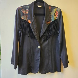 Vintage Black Aztec Fringe Blazer Jacket With Silver Button Art to Wear Festival - Picture 1 of 12
