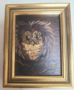 Pintura al óleo original vintage de mediados de siglo de búho de Lebba marco dorado de 4,75 x 3,75 - Imagen 1 de 6
