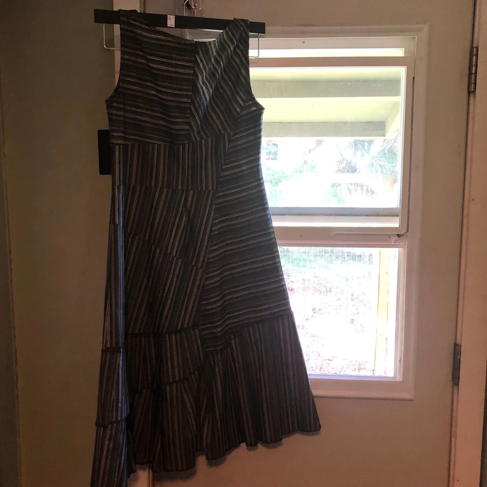 Stripe Asymmetrical Hem Pleated Dress, Women's Casual Midi - Image 1 of 2