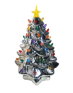 Mr. Christmas Ceramic Retro Nostalgic Large 14” Silver Tree Battery Operated - Picture 1 of 5