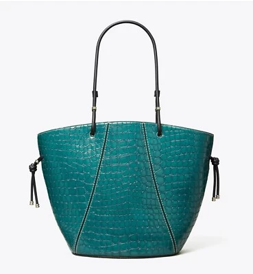 AUTÉNTICO NUEVO CON ETIQUETAS Bolso de Mano Tory Burch Correa de Espagueti Cuero Repujado en Color Verde azulado Toscano Foto 1 de 4