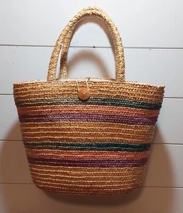 Straw/Rattan Striped Multicolor Tote Or Beach Bag - Lined And Double Handled - Picture 1 of 10