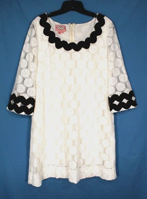 PHOEBE COUTURE White Lined SPIRAL LACE Black Ric-Rac SHIFT A-LINE DRESS Sz 8 Foto 1 de 4