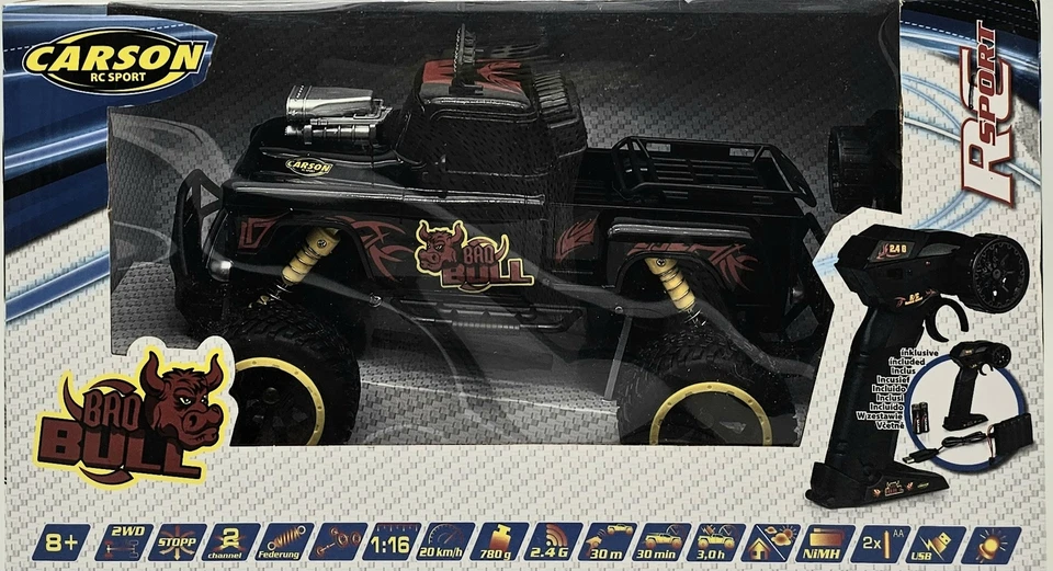 Carson Bad Bull RC Truck 1:16 20 km/h 2WD ferngesteuert LED Beleuch... NEU & OVP - Bild 1 von 4