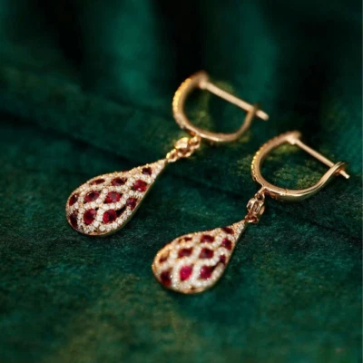 Drop-Shaped Pave Strawberry 14K Rose Gold Ruby Natural Diamond Women Earrings - Image 1 of 4