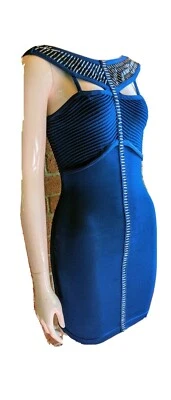 Nuevo Mini Vestido WOW Couture Talla S Sexy Elastizado Azul Profundo Con Cuentas Bodycon Vendaje Foto 1 de 4