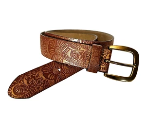 Womens Brown Tooled Embossed Faux Leather Belt Brushed Gold Buckle 39" - Picture 1 of 4