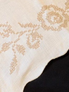 Vtg Dresser Scarf Table Runner Beige Cross Stitch Embroidery on Ivory 15x44 - Picture 1 of 6