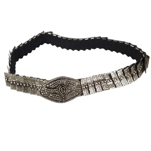 Vintage Harwill Stretch Belt Silver Tone Metal Rectangles Stamped Elastic 27'' - Picture 1 of 8