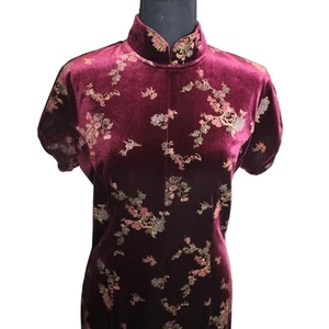 Vintage 90s Maroon Velvet floral Mandarin Maxi Dress mock Burgundy Mock Neck 8 - Picture 1 of 9