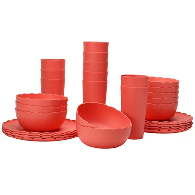 Mainstays 30 Piece Plastic Scalloped Dinnerware Bundle Set Coral Plates Cup Bowl - Image 1 of 4