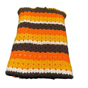 Vtg Afghan Granny Core Crochet Knitted Striped Couch Blanket Throw 77”x33” MCM - Picture 1 of 11
