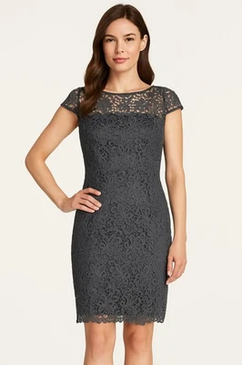 Sz 4P Adrianna Papell Lace Sheath Dress Gray Cocktail Formal Petite Wedding - Image 1 of 4