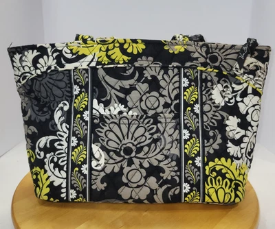 Vera Bradley Purse Bag Tote Black White Yellow Floral Quilted Pockets Zipper New - Image 1 of 4