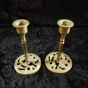 Pair Vintage Brass Candlestick Chinese Dragon Base Height 5” G - Picture 1 of 5
