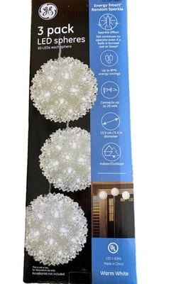 GE 3 PACK SPHERES Christmas Lights 50 LEDS In Each Globe 5.5", Warm White-New - Image 1 of 4