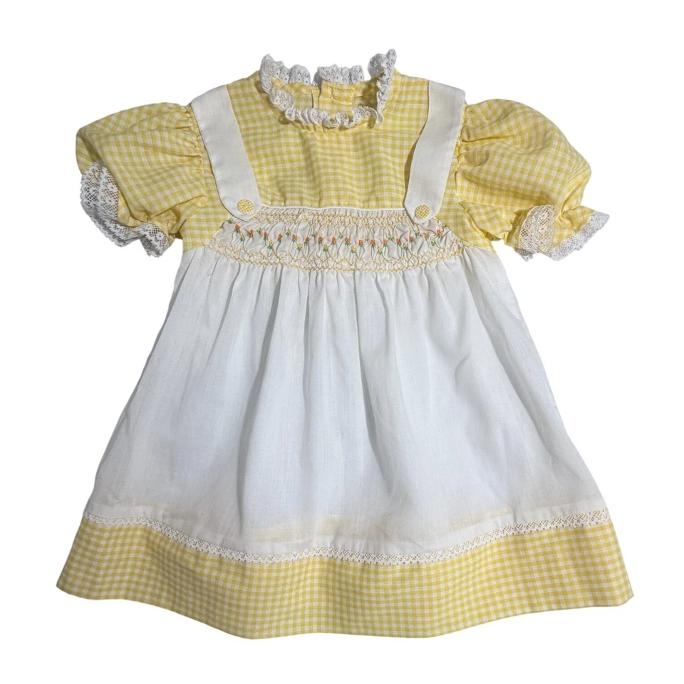 复古黄色格子缩褶婴儿连衣裙蕾丝装饰袖口复活节 3T — 第 1/4 张图片