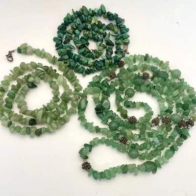 Three Green Stone Necklaces: 2 Aventurine, 1 Dyed Stones, Silver Tone Metal VTG - Image 1 of 4