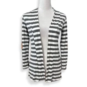 Myobe Cardigan Sweater Long Sleeve Elbow Patches Striped Open Front Gray White S - Picture 1 of 8