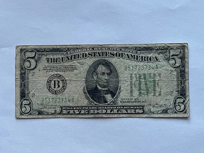 1934A $5 US Dollar Federal Reserve Green Seal New York B Block Old Paper Money ! - Image 1 of 4